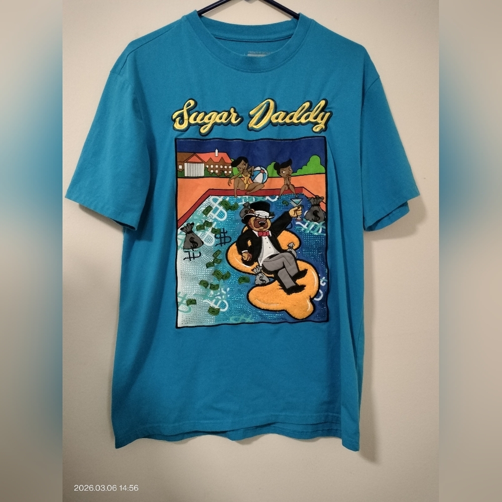 Civilized Blue Graphic T-Shirt with Cartoon Print Medium Sugar Daddy Whimsical